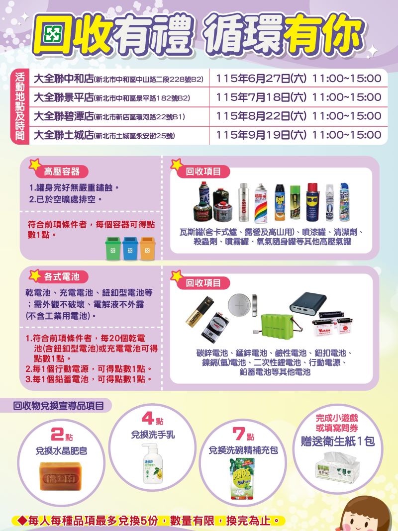 殺蟲劑罐、行動電源都有風險 新北〈安全回收〉活動拿好禮 18 《圖說》高壓容器及電池兌換活動資訊。〈環保局提供〉