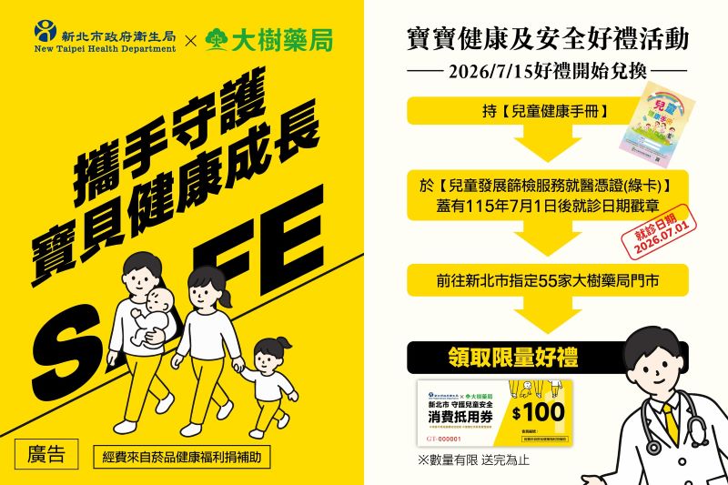 《圖說》新北鼓勵家長善用兒童發展篩檢服務，提升兒童健康與居家安全照護觀念。〈衛生局提供〉
