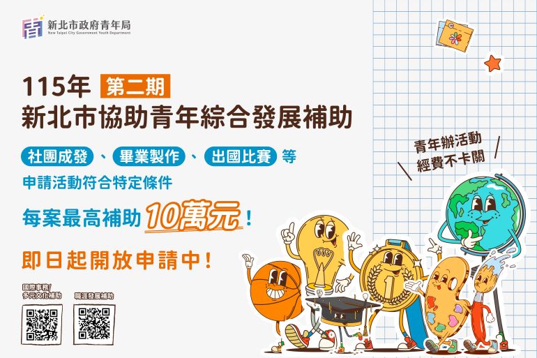 《圖說》「新北市青年綜合發展補助」第2期即日起開放申請，符合申請資格，個人最高補助2萬元、團體最高補助10萬元。〈文化局提供〉