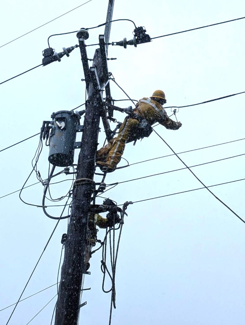 《圖說》北西區處工程人員於電桿上進行搶修作業。〈北西區處提供〉