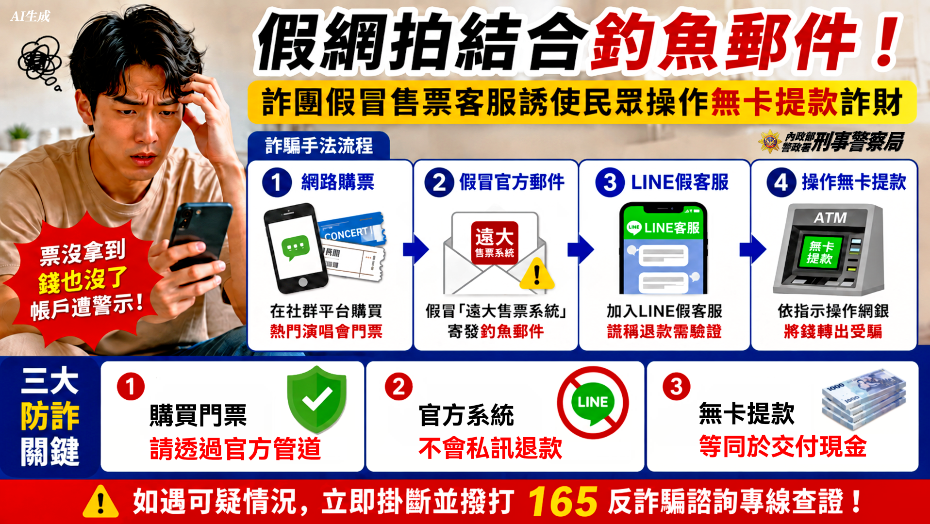假網拍結合釣魚郵件  詐團假冒售票客服  誘使民眾操作無卡提款詐財
