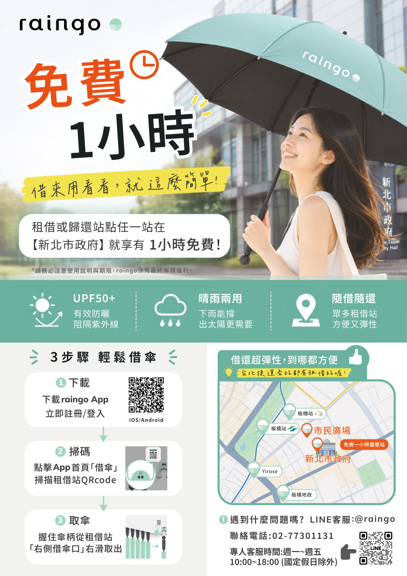 《圖說》共享傘進駐新北市府，即日起啟動共享傘試辦服務。〈青年局提供〉