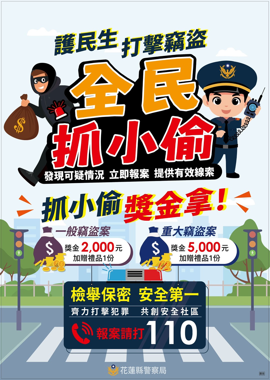 打擊竊盜慣犯  花蓮縣警察局執行  護民生-全民抓小偷  專案  警民協力  共守轄區治安