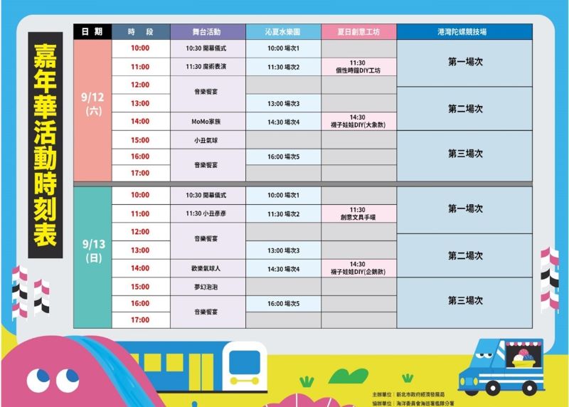 《圖說》2026「新北chill一夏」八里港灣嘉年華活動時刻表。〈經發局提供〉