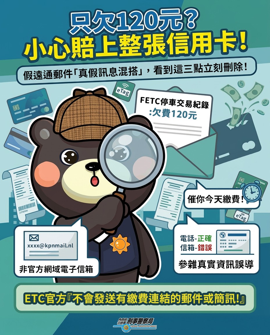 只欠120元卻可能賠上整張信用卡  刑事局示警  詐騙郵件顯示客服電話是真的  欠費連結是假的